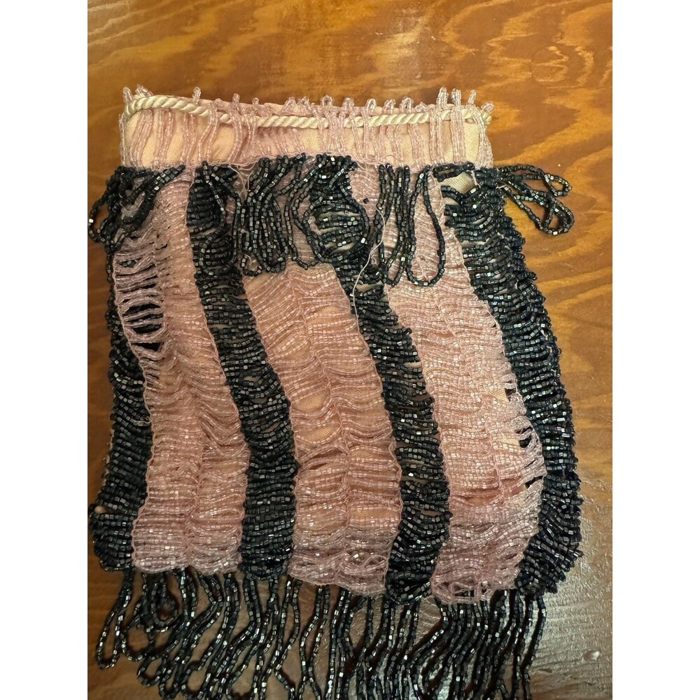 Antique Pink Black Beaded Drawstring Flapper Purse Bag Art Deco Fringe VTG READ